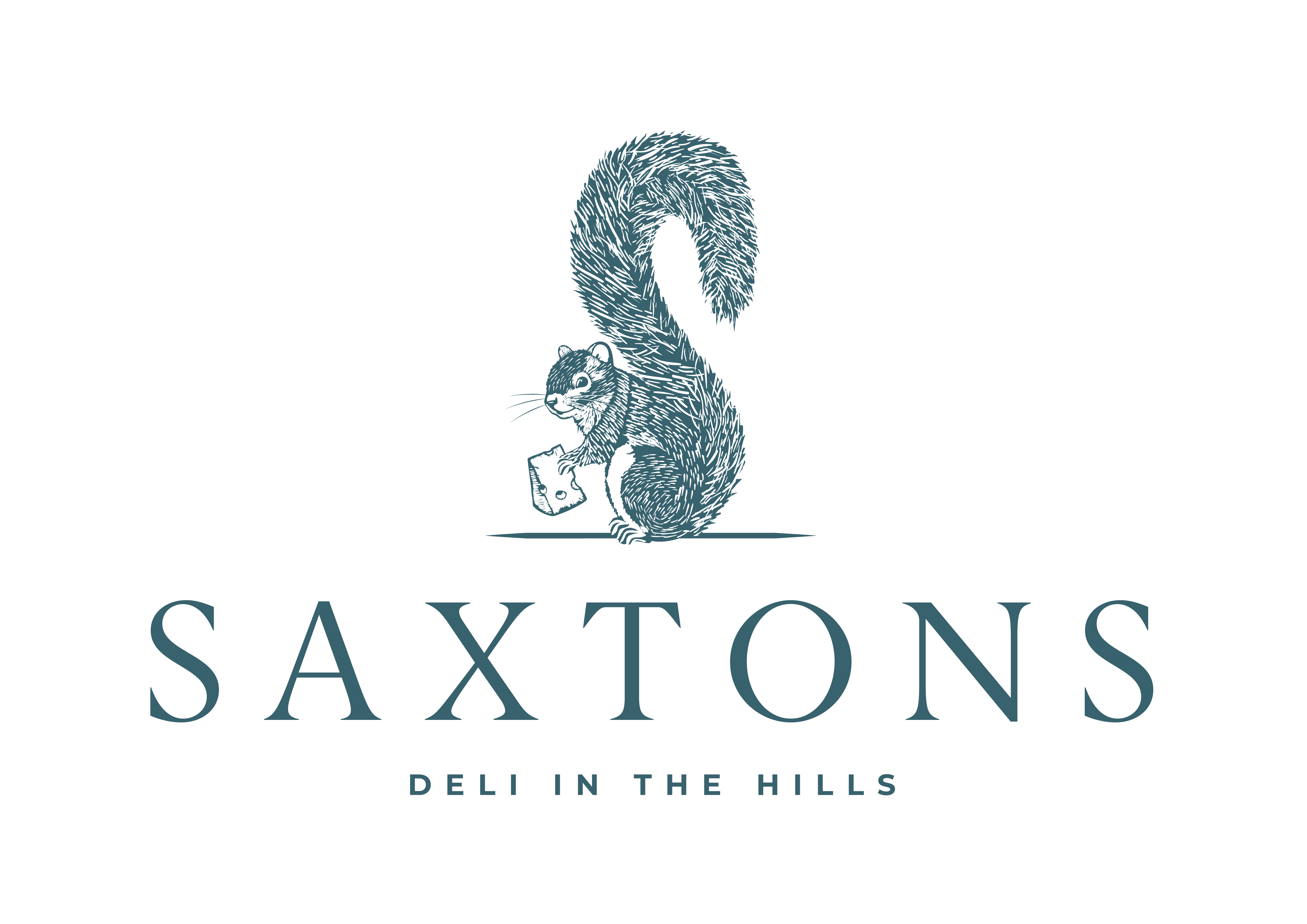 Saxtons Deli logo with Squirrel holding cheese illustration